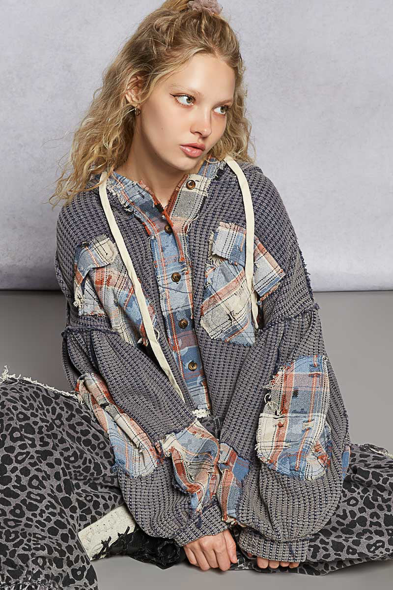 POL hooded balloon sleeve roomy fit top in thermal with plaid contrast.- Navy Multi