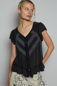 POL V neck ruffle sleeve roomy fit top in POL jersey with lace trim detail - Black or Light Grey