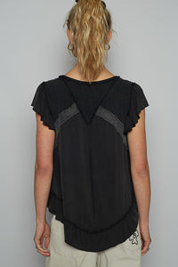 POL V neck ruffle sleeve roomy fit top in POL jersey with lace trim detail - Black or Light Grey