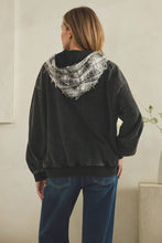 Washed Mixed Fabric Distressed Zipper Detail Arm Hoodie - Black/Cream