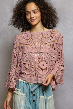 POL round neck 3/4 sleeve cropped fit top in crochet - Cream or Rose Pink