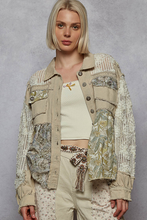 POL Twill & Crochet Lace Mix Balloon Sleeve Jacket - Cream or Powder Grey