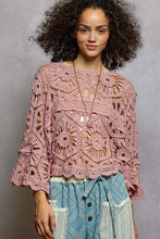POL round neck 3/4 sleeve cropped fit top in crochet - Cream or Rose Pink