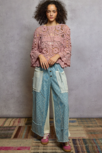POL round neck 3/4 sleeve cropped fit top in crochet - Cream or Rose Pink