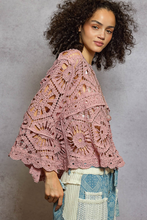 POL round neck 3/4 sleeve cropped fit top in crochet - Cream or Rose Pink