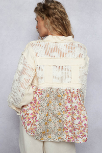 POL Twill & Crochet Lace Mix Balloon Sleeve Jacket - Cream or Powder Grey