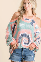 TIE DYE PRINT TERRY TOP WITH COLD SHOULDER DETAIL AND CONTRAST NECK BAND AND CUFFS - ASSORTED COLORS