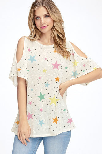 Multi color star all over knit cold shoulder top - Oatmeal