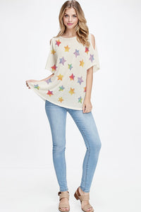 Rainbow star all over knit cold shoulder top - Oatmeal