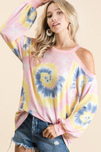 TIE DYE PRINT TERRY TOP WITH COLD SHOULDER DETAIL AND CONTRAST NECK BAND AND CUFFS - ASSORTED COLORS