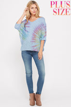 Plus size tie dye v neck knit short sleeve top - Denim or Mauve