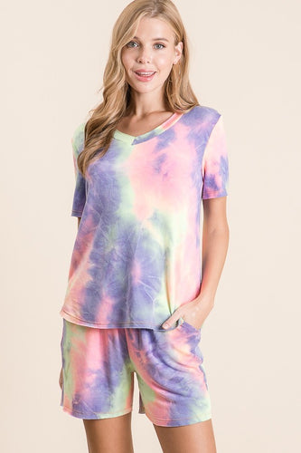 TIE DYE PRINT FRENCH TERRY V NECK T-SHIRT - LAVENDER/PINK 💜💗