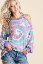 TIE DYE PRINT TERRY TOP WITH COLD SHOULDER DETAIL AND CONTRAST NECK BAND AND CUFFS - ASSORTED COLORS
