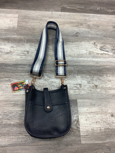 Navy Mini Distressed Vegan Leather Messenger Bag w/ Adjustable Navy/Silver/White Stripe Strap