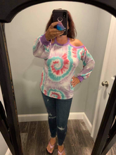 TIE DYE PRINT TERRY TOP WITH COLD SHOULDER DETAIL AND CONTRAST NECK BAND AND CUFFS - ASSORTED COLORS