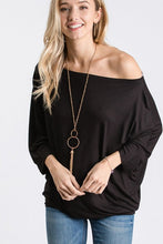 THREE QUARTER SLEEVE SOLID TOP WITH ONE SHOULDER DETAIL - BLACK
