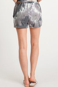 TIE-DYE SHORTS WITH ELASTICIZED WAISTBAND, DRAWSTRINGS, AND SIDE SEAM POCKETS - CHARCOAL or OLIVE