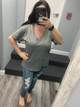 Solid V Neck Short Sleeve Distressed T-Shirt - Black, Camel or Grey