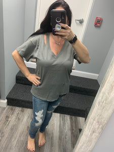 Solid V Neck Short Sleeve Distressed T-Shirt - Black, Camel or Grey