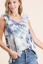 TIE DYE THERMAL WAFFLE V NECK TOP WITH RUFFLE APPLIQUE AT SHOULDER - ASSORTED COLORS