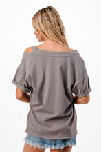 Solid V Neck Short Sleeve Distressed T-Shirt - Black, Camel or Grey