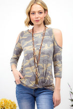 VINTAGE CAMOUFLAGE PRINT COLD SHOULDER TOP - OLIVE CAMO