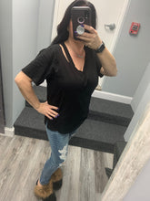 Solid V Neck Short Sleeve Distressed T-Shirt - Black, Camel or Grey