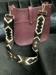Merlot Vintage Vegan Leather Messenger Bag with Abstract Strap