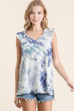TIE DYE THERMAL WAFFLE V NECK TOP WITH RUFFLE APPLIQUE AT SHOULDER - ASSORTED COLORS