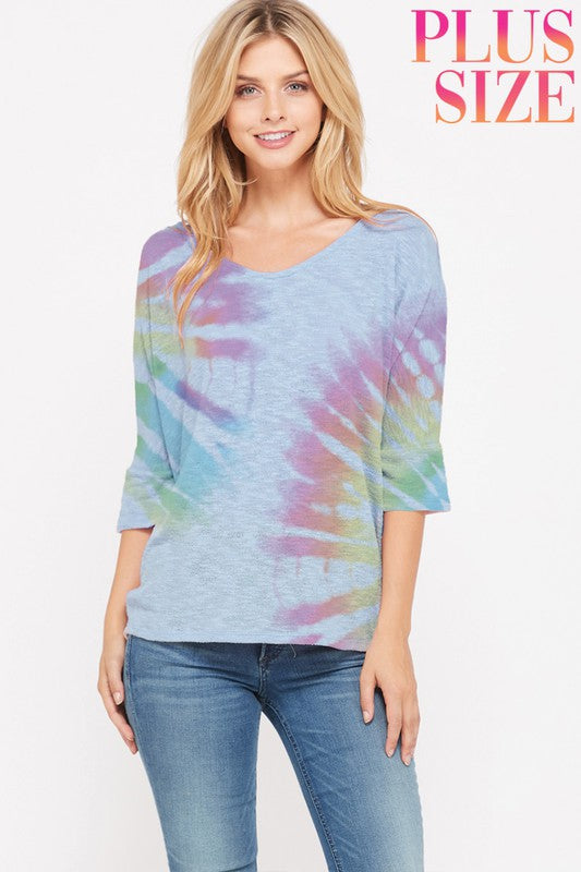 Plus size tie dye v neck knit short sleeve top - Denim or Mauve