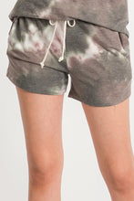 TIE-DYE SHORTS WITH ELASTICIZED WAISTBAND, DRAWSTRINGS, AND SIDE SEAM POCKETS - CHARCOAL or OLIVE