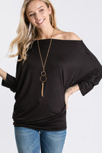 THREE QUARTER SLEEVE SOLID TOP WITH ONE SHOULDER DETAIL - BLACK