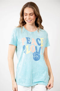 PEACE AND LOVE" Scoop Neck Mineral wash graphic tee - Light Blue