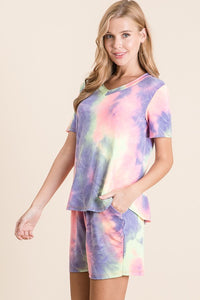 TIE DYE PRINT FRENCH TERRY V NECK T-SHIRT - LAVENDER/PINK 💜💗