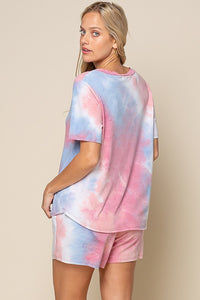 TIE DYE PRINT FRENCH TERRY V NECK T-SHIRT - BLUE/PINK 💙💗