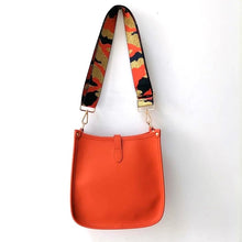 Orange Vegan Leather Messenger Bag with Orange/Navy/Gold Metallic Strap