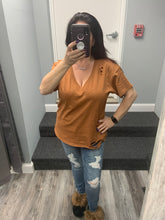 Solid V Neck Short Sleeve Distressed T-Shirt - Black, Camel or Grey