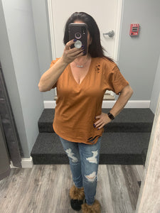 Solid V Neck Short Sleeve Distressed T-Shirt - Black, Camel or Grey
