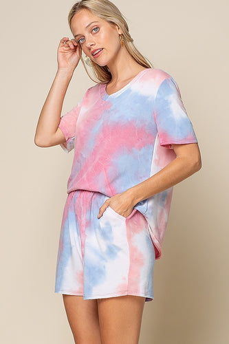 TIE DYE PRINT FRENCH TERRY V NECK T-SHIRT - BLUE/PINK 💙💗