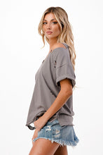 Solid V Neck Short Sleeve Distressed T-Shirt - Black, Camel or Grey