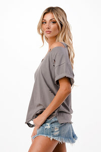 Solid V Neck Short Sleeve Distressed T-Shirt - Black, Camel or Grey