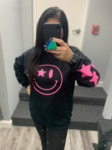 Black Glitter Happy Star Sleeve Sweatshirt - Black, Neon Pink or Light Pink