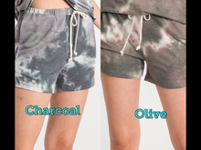 TIE-DYE SHORTS WITH ELASTICIZED WAISTBAND, DRAWSTRINGS, AND SIDE SEAM POCKETS - CHARCOAL or OLIVE
