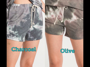 TIE-DYE SHORTS WITH ELASTICIZED WAISTBAND, DRAWSTRINGS, AND SIDE SEAM POCKETS - CHARCOAL or OLIVE