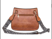 Vegan Leather Woven Flip Rivet Handbag with Leopard Strap