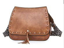 Vegan Leather Woven Flip Rivet Handbag with Leopard Strap