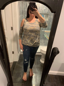 VINTAGE CAMOUFLAGE PRINT COLD SHOULDER TOP - OLIVE CAMO