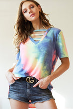 TIE DYE TERRY V-NECK TOP WITH STRAPPED FRONT NECK DETAIL - PASTEL or CHARCOAL TIEDYE
