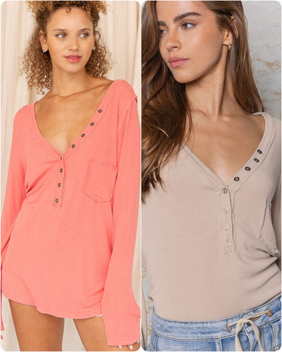 POL V-neck Buttondown Long sleeve top - Beige or Watermelon Pink