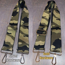 CAMOUFLAGE ADJUSTABLE BAG STRAP - ARMY GREEN/BLACK/GOLD - GOLD/SILVER HARDWARE